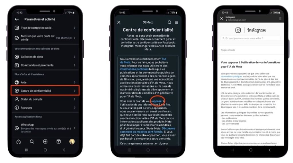 Comment accéder à au formulaire Meta pour s'opposer à l'utilisation de vos données personnelles par Meta AI. ©Mook Digital
